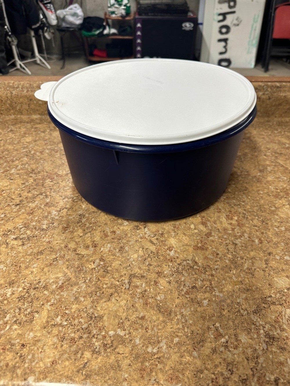 Navy Blue Plastic Food Storage Container with White Lid Tupperware large bowl